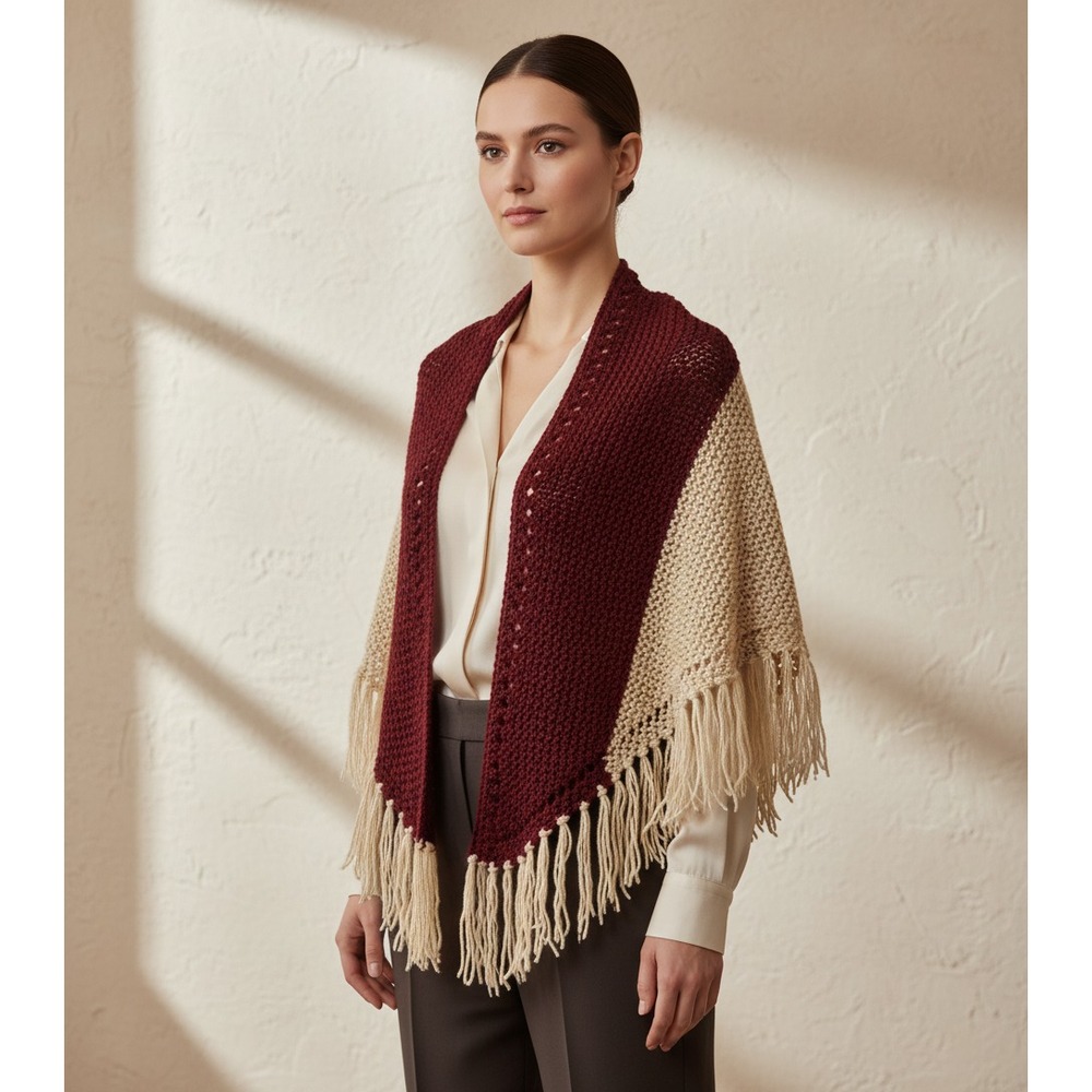 NEW Burgundy Beige Hand Knitted Shawl Wrap Boho Hippie Womens Cottage Artsy Chic